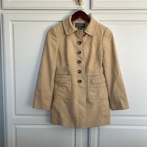 Preppy pea coat. Size XS Petite. Creamy tan. Tortoise shell buttons.
